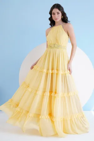 Yellow Halter Long Frill Dress