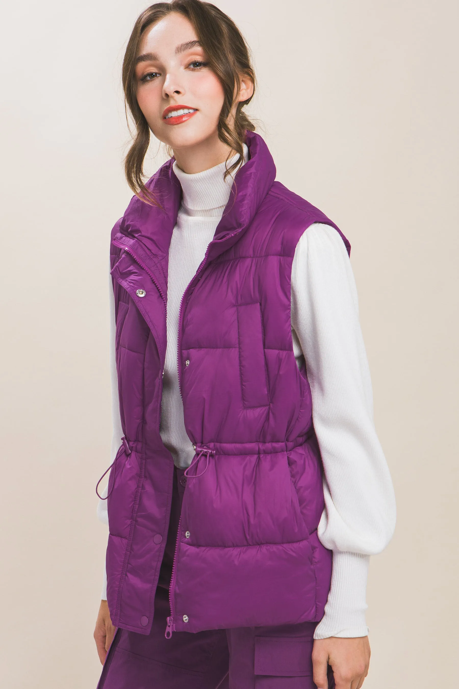 Zip Up Button Puffer Vest With Waist Toggles (5 Colors)