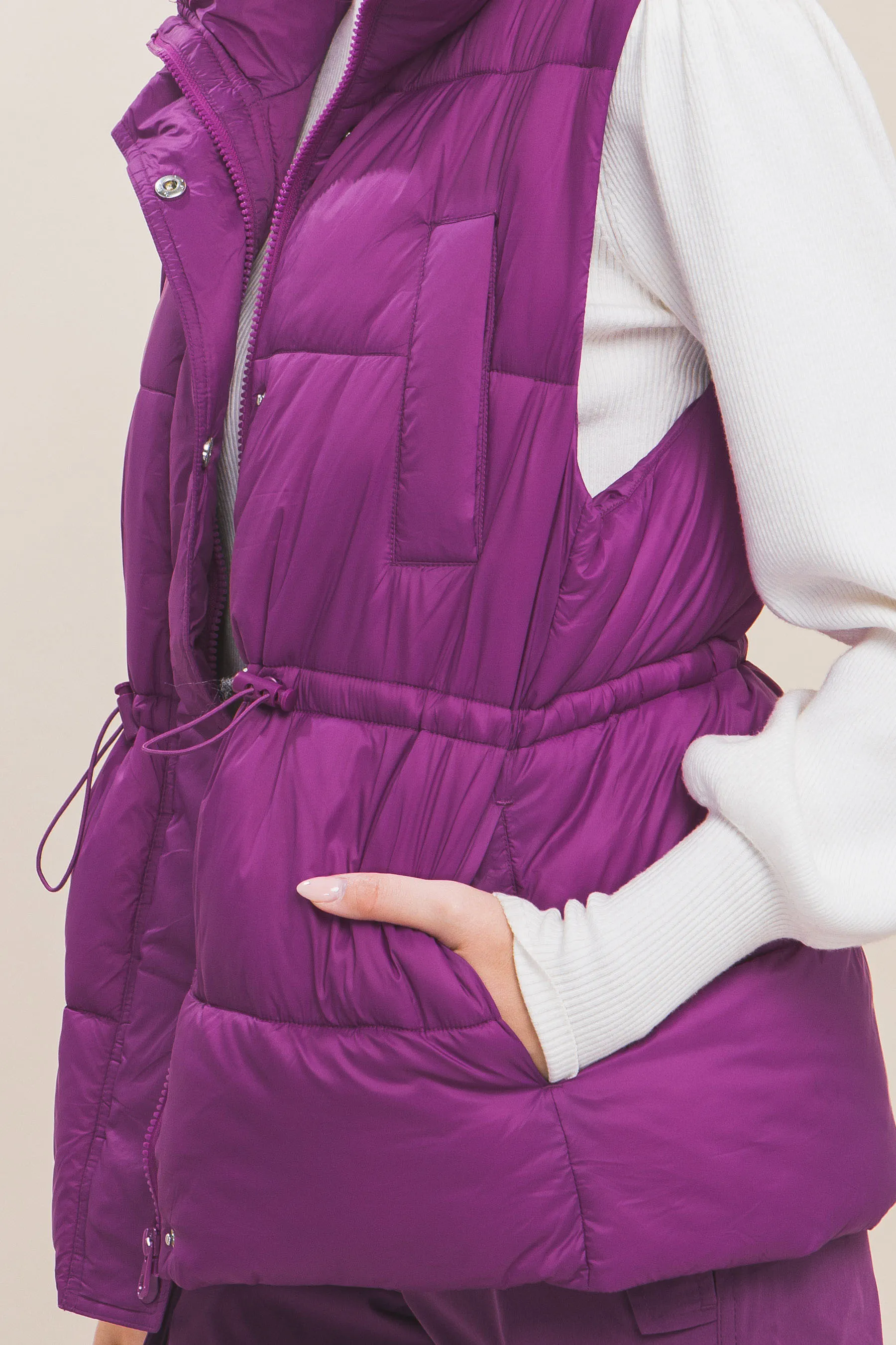 Zip Up Button Puffer Vest With Waist Toggles (5 Colors)