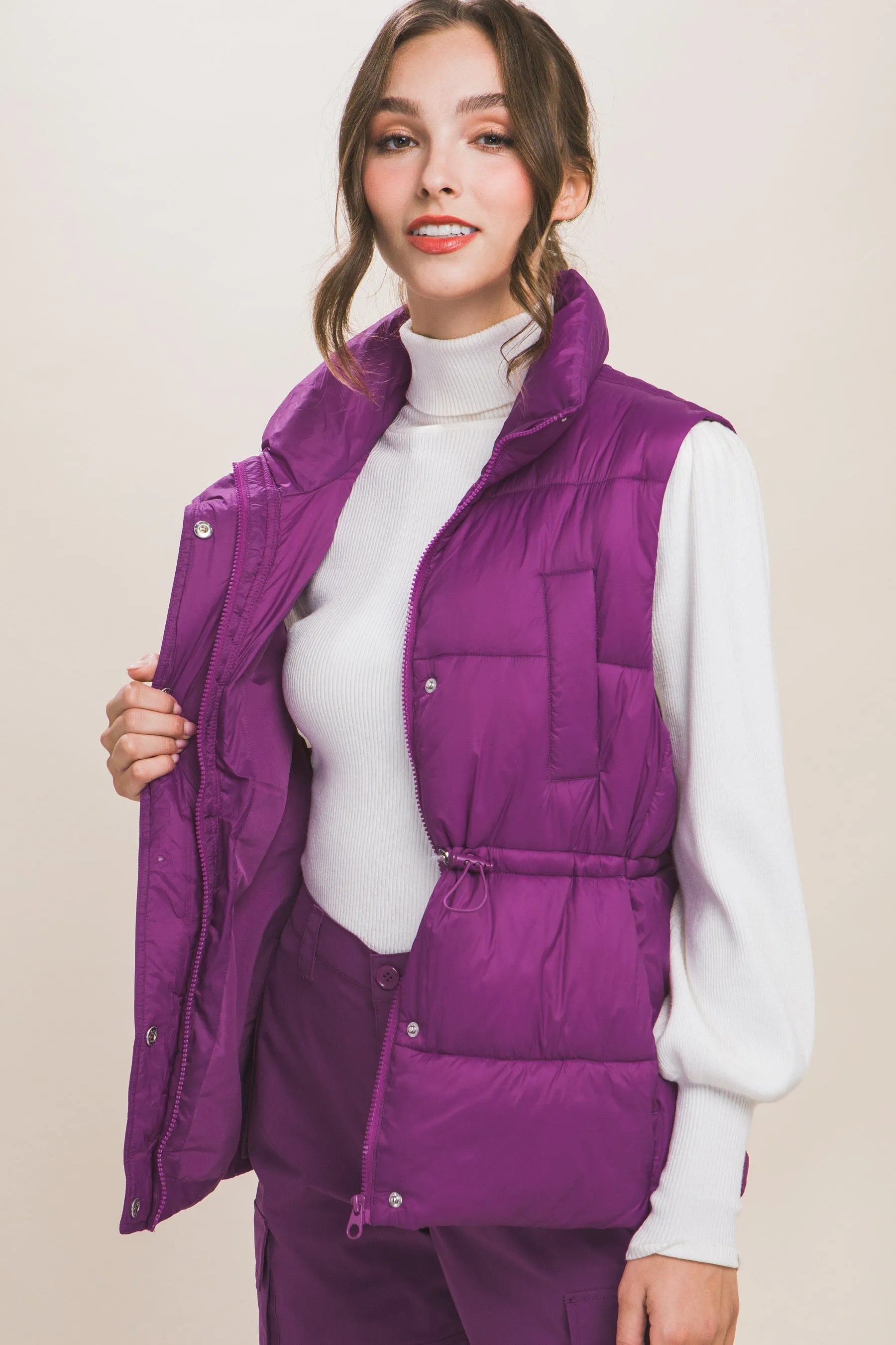 Zip Up Button Puffer Vest With Waist Toggles (5 Colors)