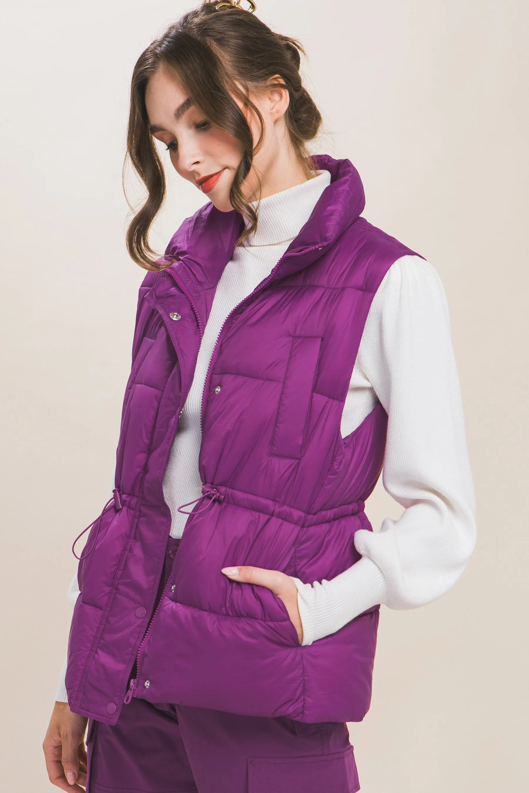Zip Up Button Puffer Vest With Waist Toggles (5 Colors)