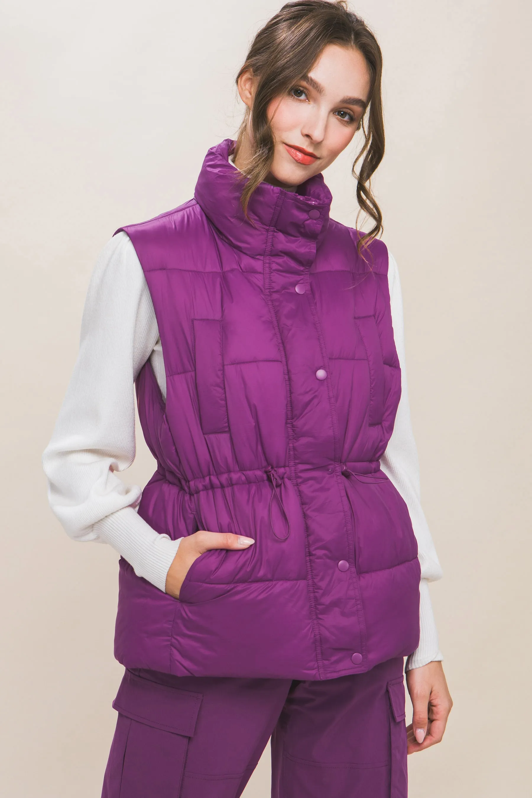 Zip Up Button Puffer Vest With Waist Toggles (5 Colors)