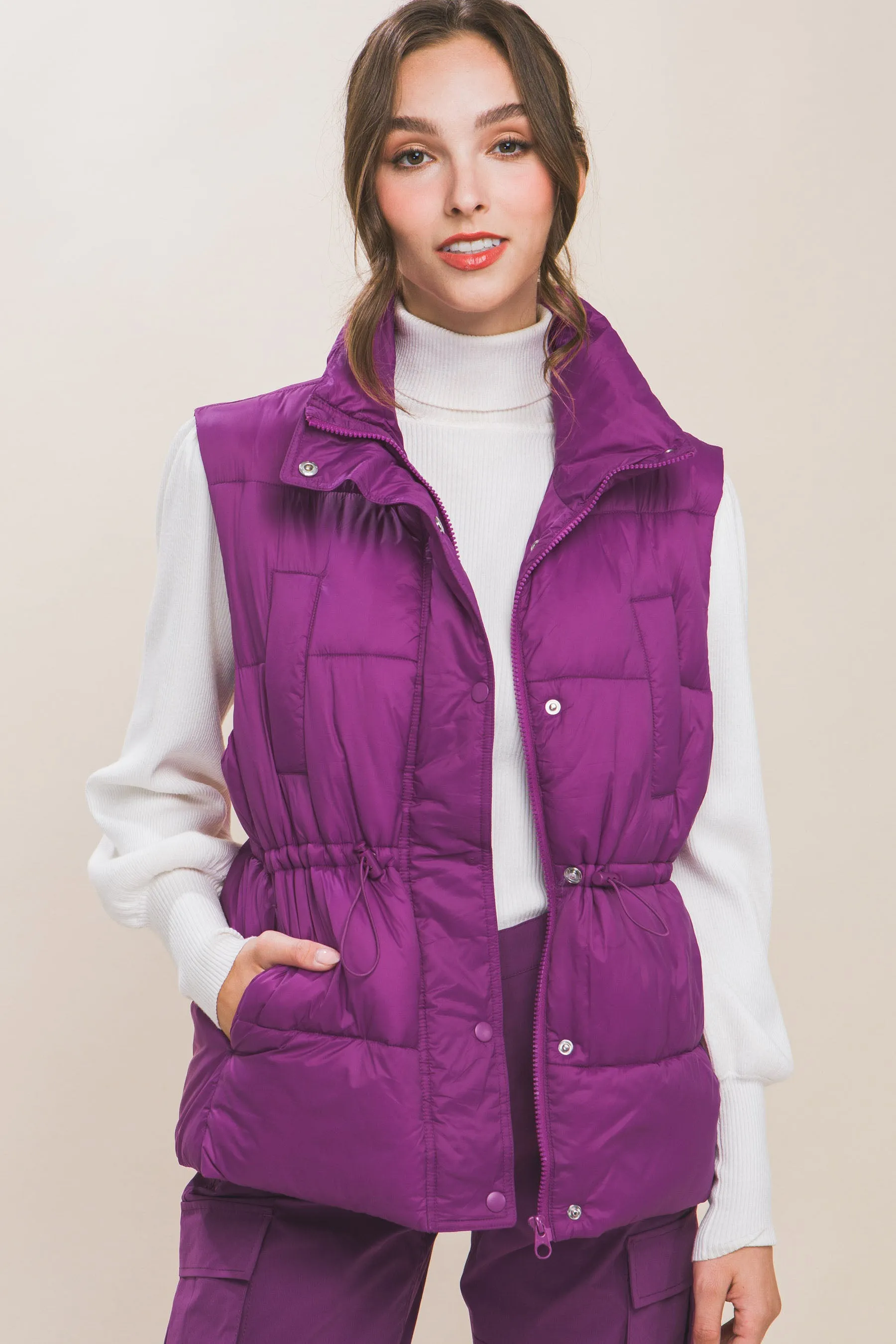 Zip Up Button Puffer Vest With Waist Toggles (5 Colors)