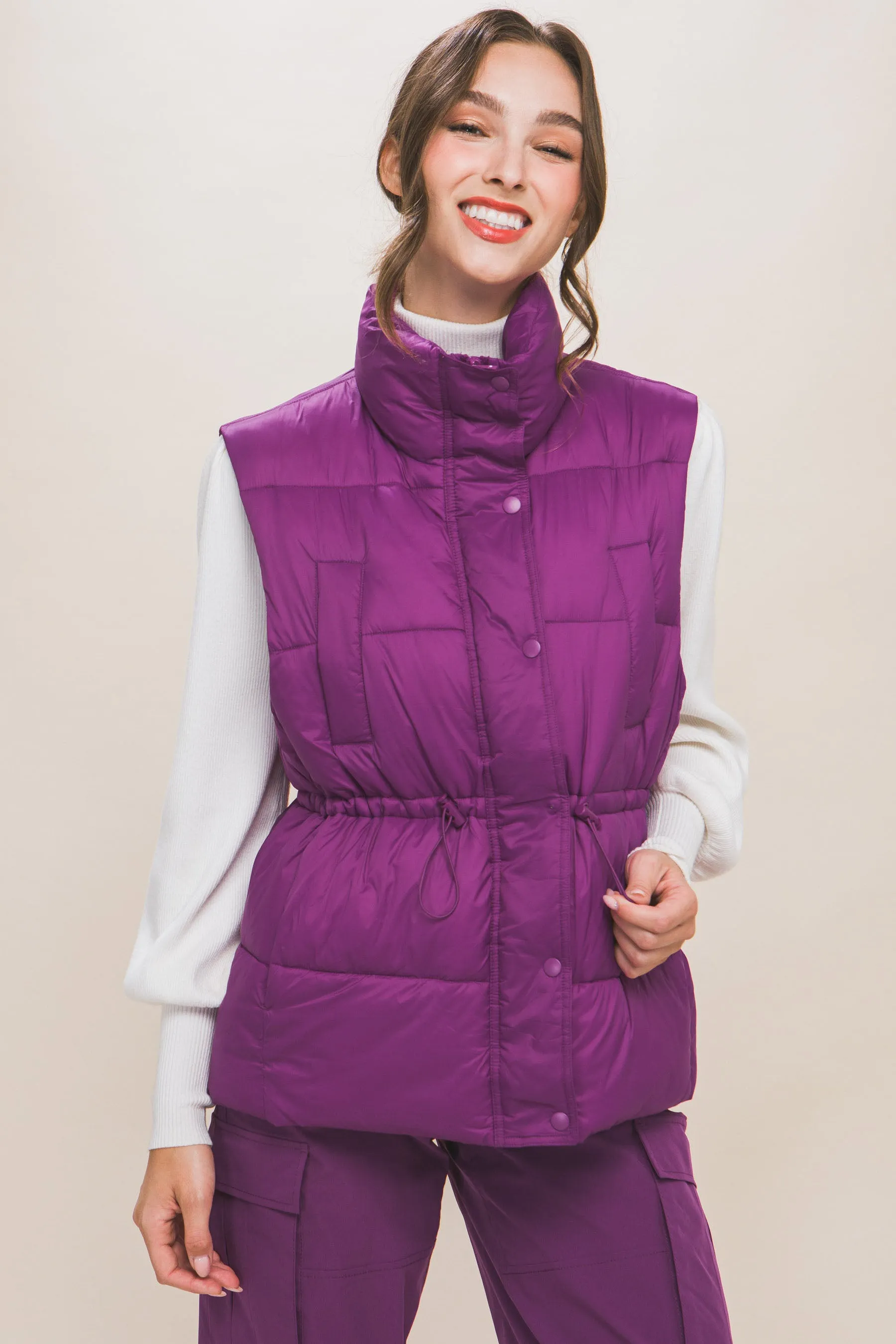 Zip Up Button Puffer Vest With Waist Toggles (5 Colors)